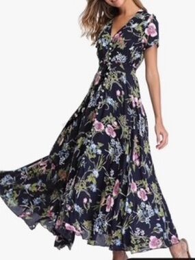 Floral V-Neck Maxi Dress - Navy with Pink & Blue Flowers